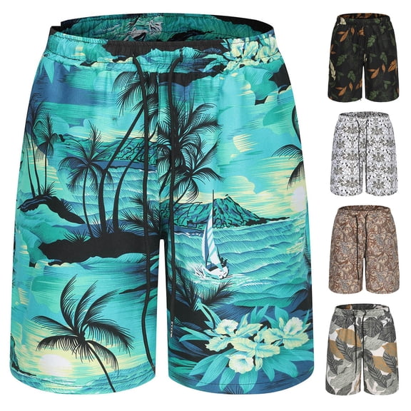 Jacenvly 2024 New Summer Mens Shorts Men 3D Printed Elasticated Waist Beach Casual Short Tropical Lightweight Leisure Short Trousers Green