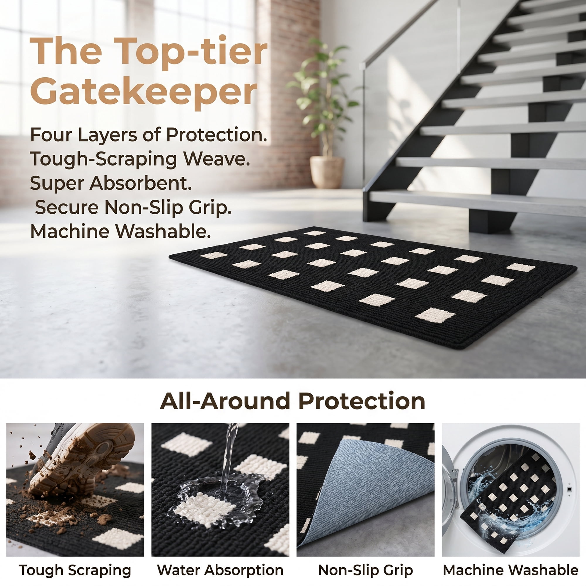 Unique Bargains Geometric Waterproof Non-Slip Entryway Rug Scraper Doormat Black 32" x 20"