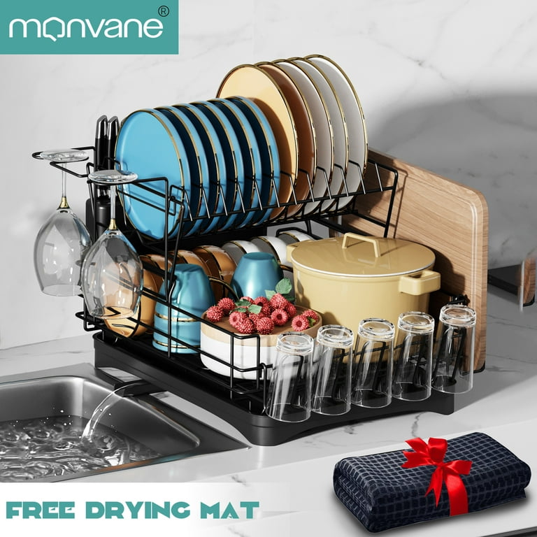 MONVANE Dish Drying Rack, 2 Tier Large Stainless Steel Dish Racks Organizer  with Drying Mat, Dish Strainers, Kitchen Sink Accessories, Dish Drainer
