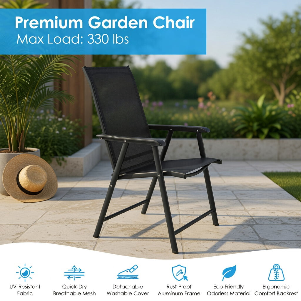 Hommoo 2-Pack Foldable Outdoor Patio Chairs with Ergonomic Armrests, Heavy-Duty Steel Frame, Weather-Resistant Fabric, Black