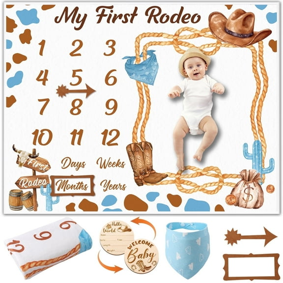 KABOER Baby Milestone Blanket Set, 51.2" x 39.4" Western Cowboy Monthly Photo Blanket With Bib ID Tag Felt Markers, Soft Flannel Baby Shower Gift For Boys Or Girls