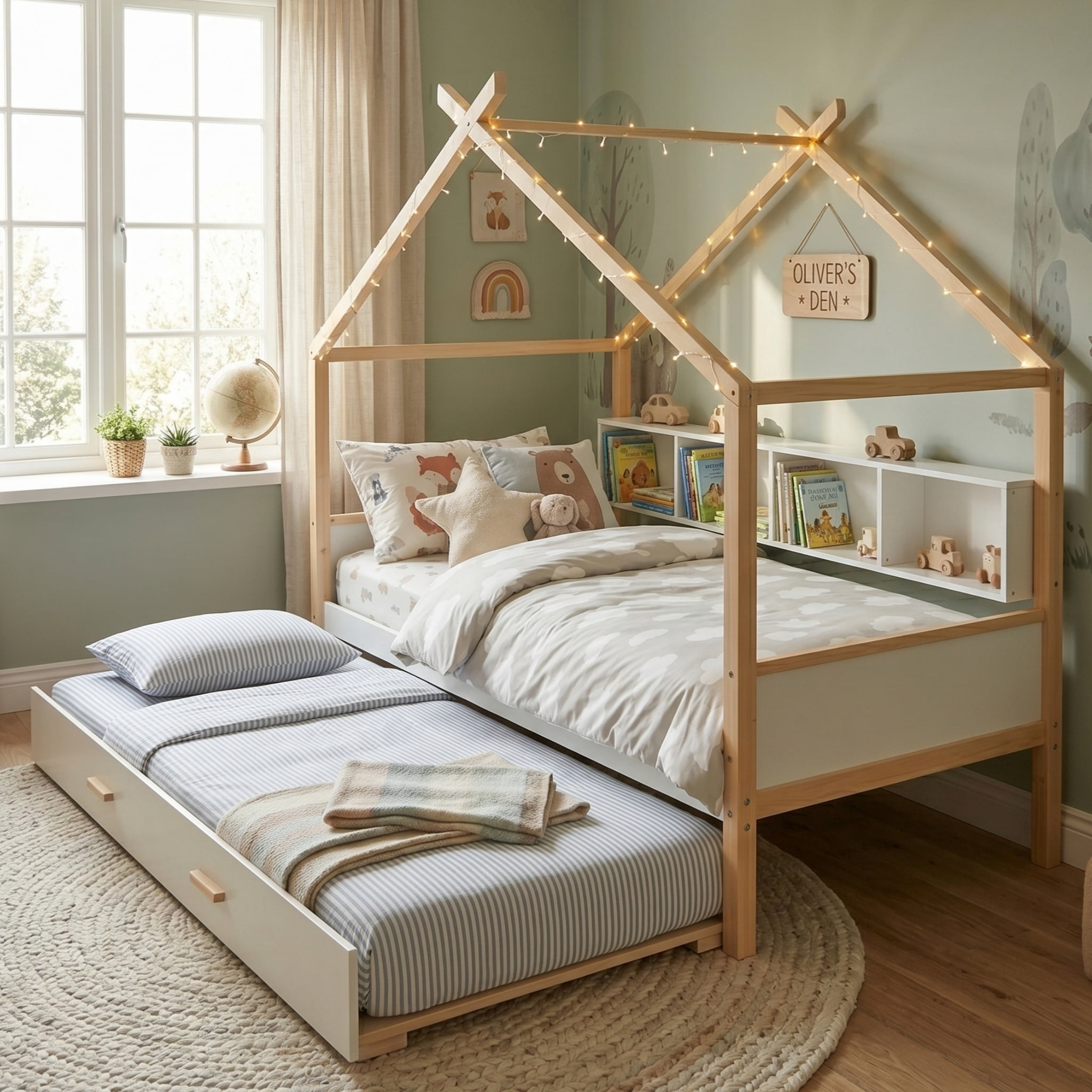 Euroco Wood Twin Size House Bed with Bookcase and Trundle Bed, White