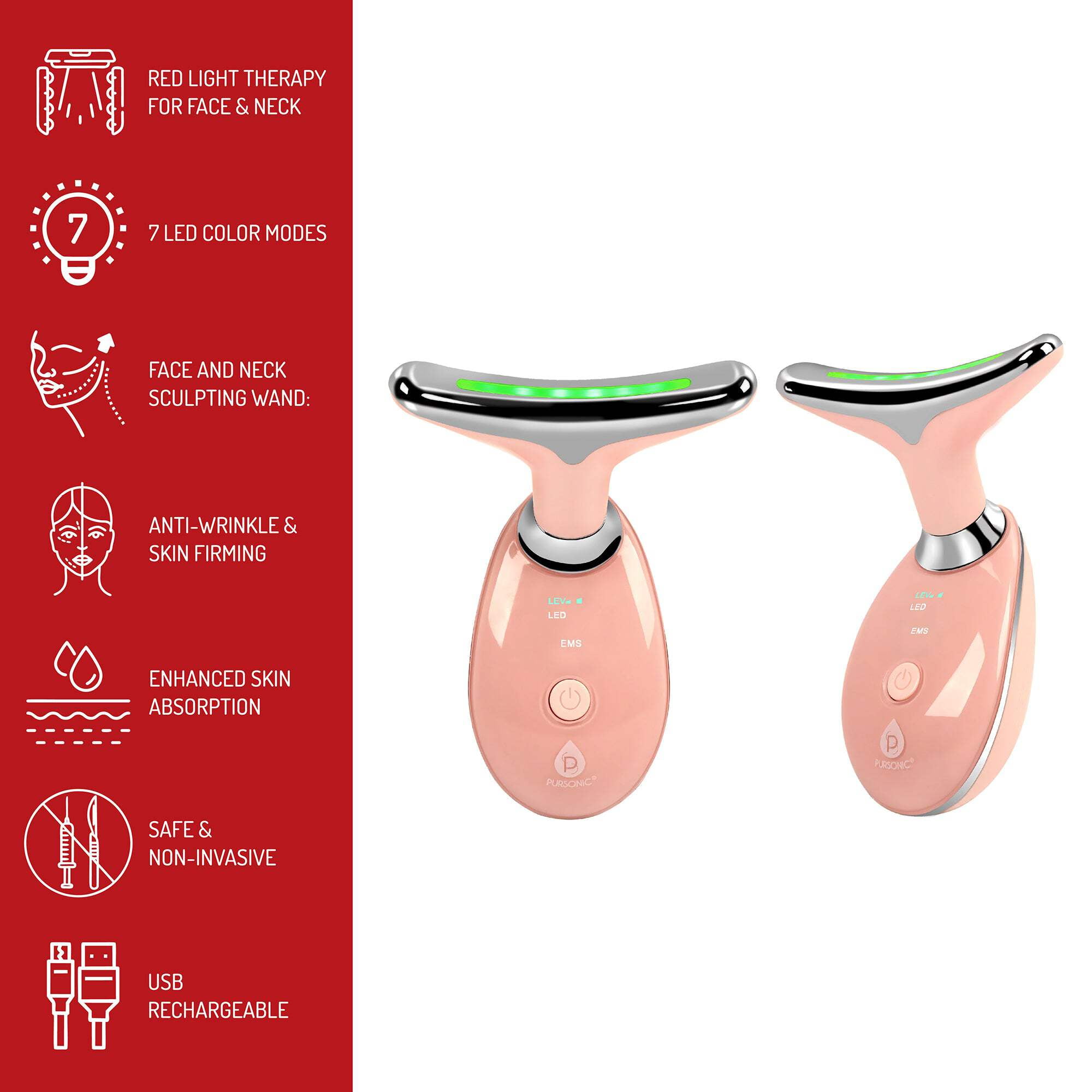 Pursonic 7-in-1 LED Light Therapy Beauty Device - Red Light Therapy Face  Neck Sculpting Wand