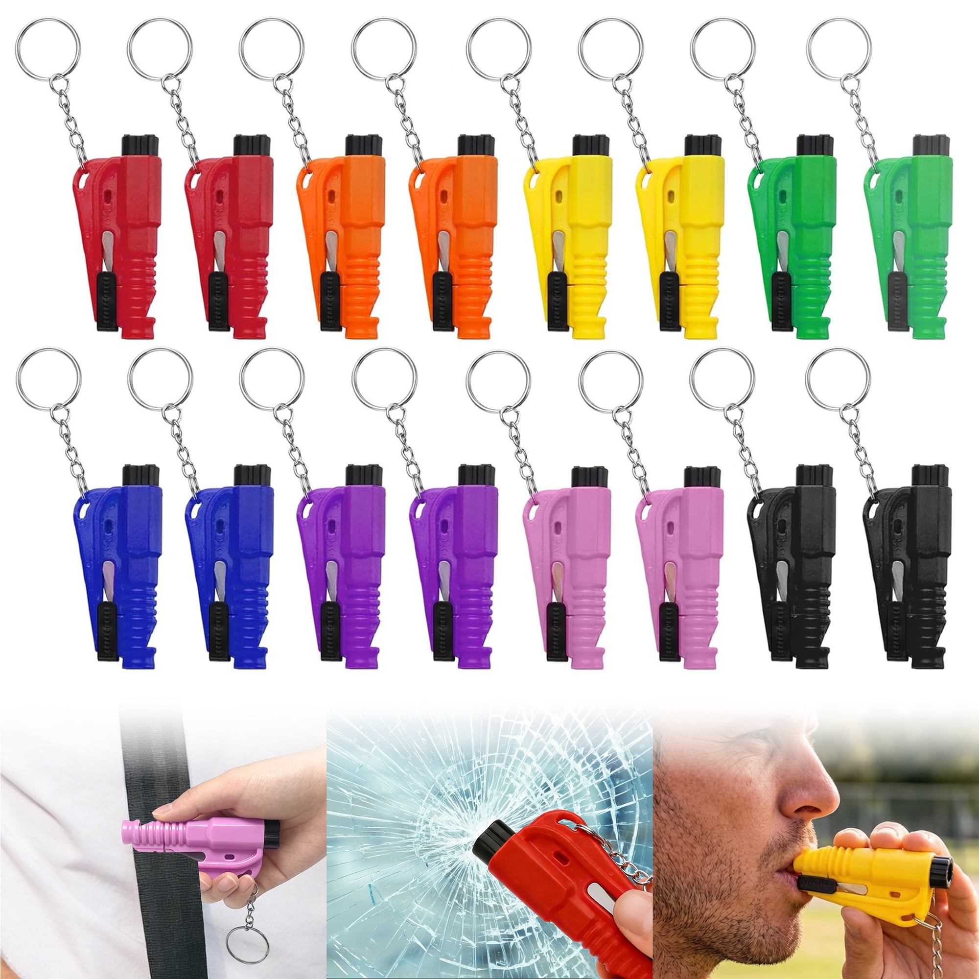 cyrico 16pcs Car Window Breaker Seatbelt Cutter Keychain, 3 in 1 Car Window Breaker Tool, Seat Belt Cutter and Glass Breaker Survival Whistle Escape Tool for Family Rescue Car Emergency Kit