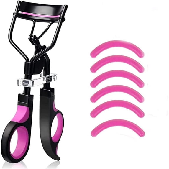 Eyelash Curler with Pads , Stainless Steel Eyelashes Curling Tweezer Lash Curler with 5 Extra Silicone Replacement, Black-Purple Frosted Handle Eyelashes Clip Curler for Any Eye Shapes and Sizes