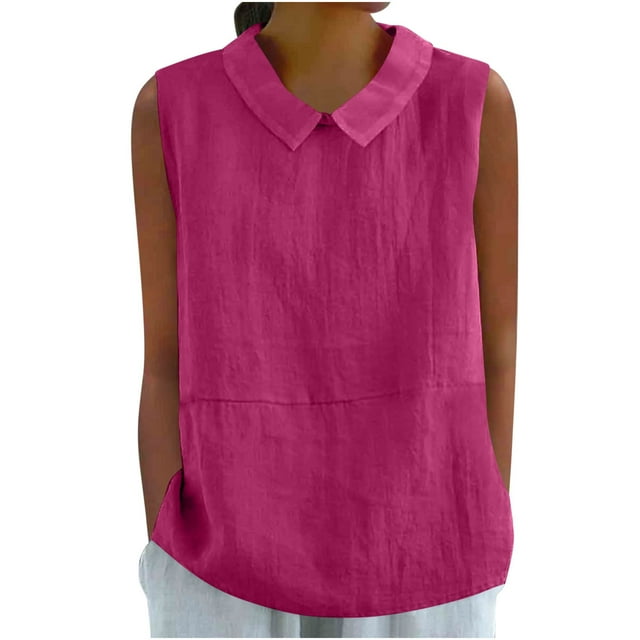 Chandail à Capuche Oversize pour Femmes, Chandail d'Été Sans Manches en Lin, Col Ample, Chemise Mignonne, Col Rond, Grande Taille, Rose Vif