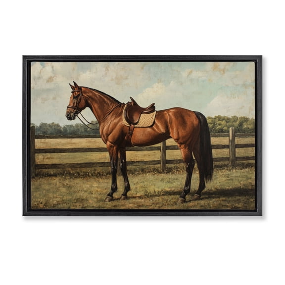 Stupell Industries French Country Chocolate Stag Saddled in Pasture Black Floating Frame Canvas Art, 25 x 17, by Petals Prints Design