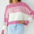 thumbnail image 6 of Herrnalise Women's Knitted Crop Tops Casual Solid Color Splicing Line Round Neck Long Sleeve Sweater Tops Blouse Pullover Jumper Sweaters, 6 of 9
