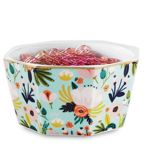 Floral Design Desktop Organizer, Mint with Gold Trim Pen Holder