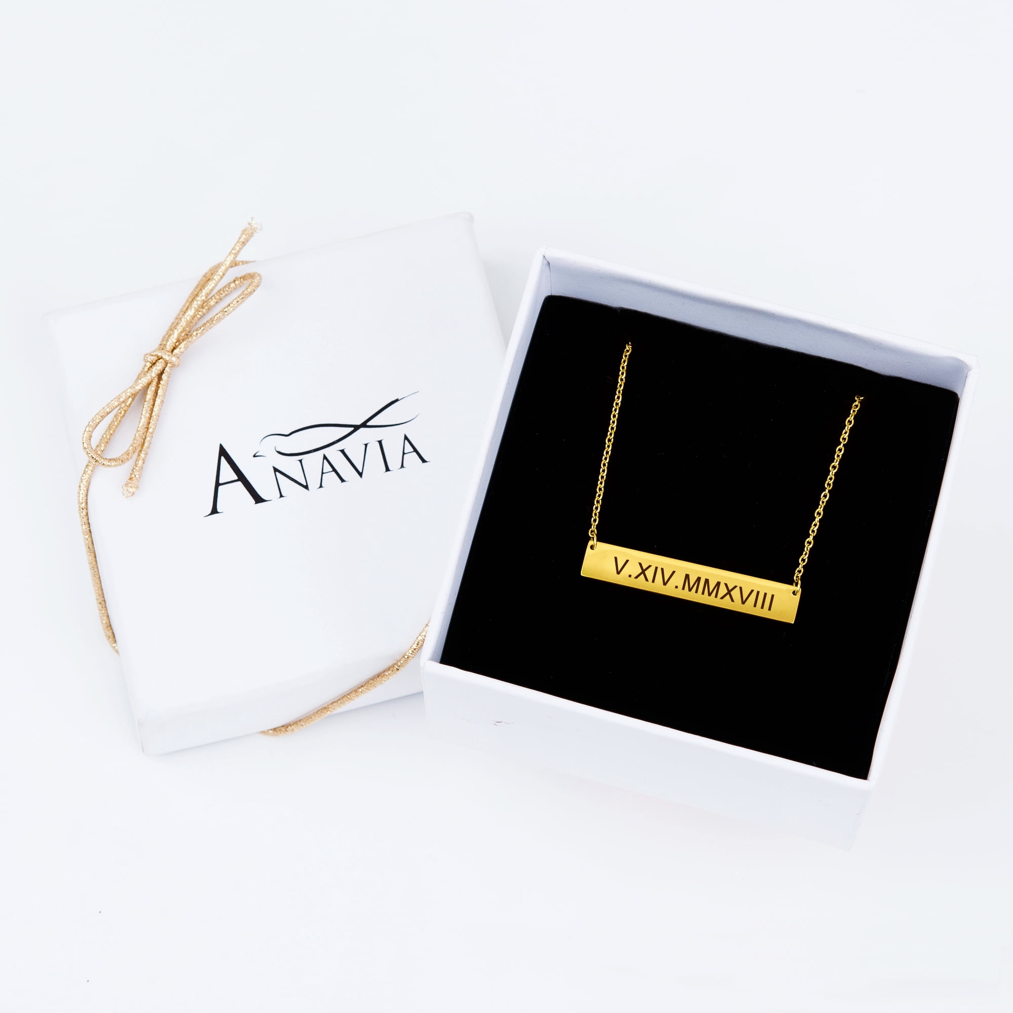 Anavia Personalized Gold Name Necklace Roman Numerals Custom Gift for Mom Birthday Day Women's Birthday Engravable Bar Necklace with Free Jewelry Box Ships Next Day! [Gold]