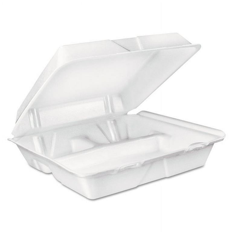 Foam Hinged Lid Container, 3-Compartment, 8 oz, 9 x 9.4 x 3, White, 200/Carton Foam Hinged Lid Container, 3-Compartment, 8 oz, 9 x 9.4 x 3, White, 200/Carton