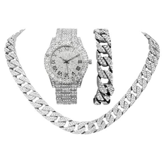 Charles Raymond Blinged Out Cuban Necklace w/ Matching Bracelet and Fire Iced Out Timepiece - Boujee 3pc Set - 2023 CNBW (ST10327RN SILVER BLK R#)