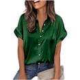 thumbnail image 2 of Blouse for Women V Neck Short Sleeve Button Down Rolled Cuff Office Wear Fashion Loose Fit Silky Satin Smooth Fabric Casual Summer Tops, 2 of 9
