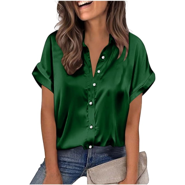 Tops de Manga Corta de Mujer Casual Color Sólido Hombro a Manga Corta Blusa Botón Arriba Cuello de Giro Casual Blusas de Manga Corta para Mujeres