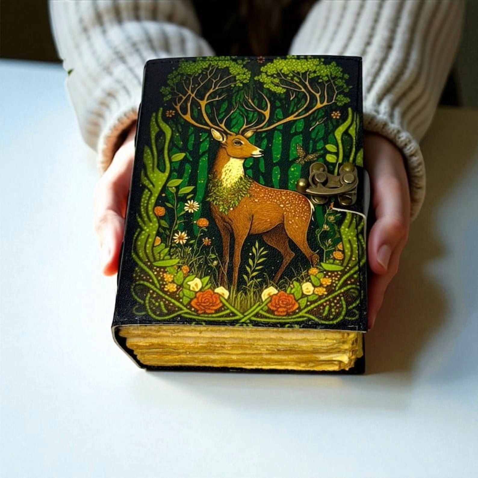 Handmade Leather Journal – Forest Deer Design, 5x7 in, 200 Handmade Deckle Pages, Vintage Clasp, Aesthetic Writing Notebook