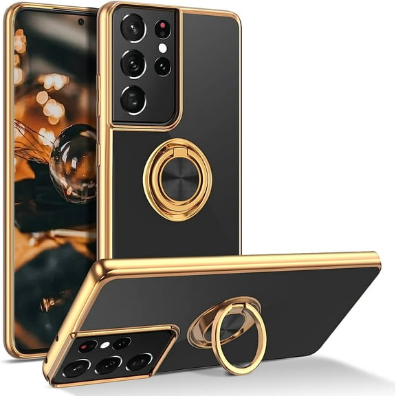 Galaxy S21 Ultra Case, Samsung Galaxy S21 Ultra Electroplated Phone Case with 360° Ring Holder Kickstand Soft TPU Car Mount Supported Protective Plating Galaxy S21 Ultra Case, Black
