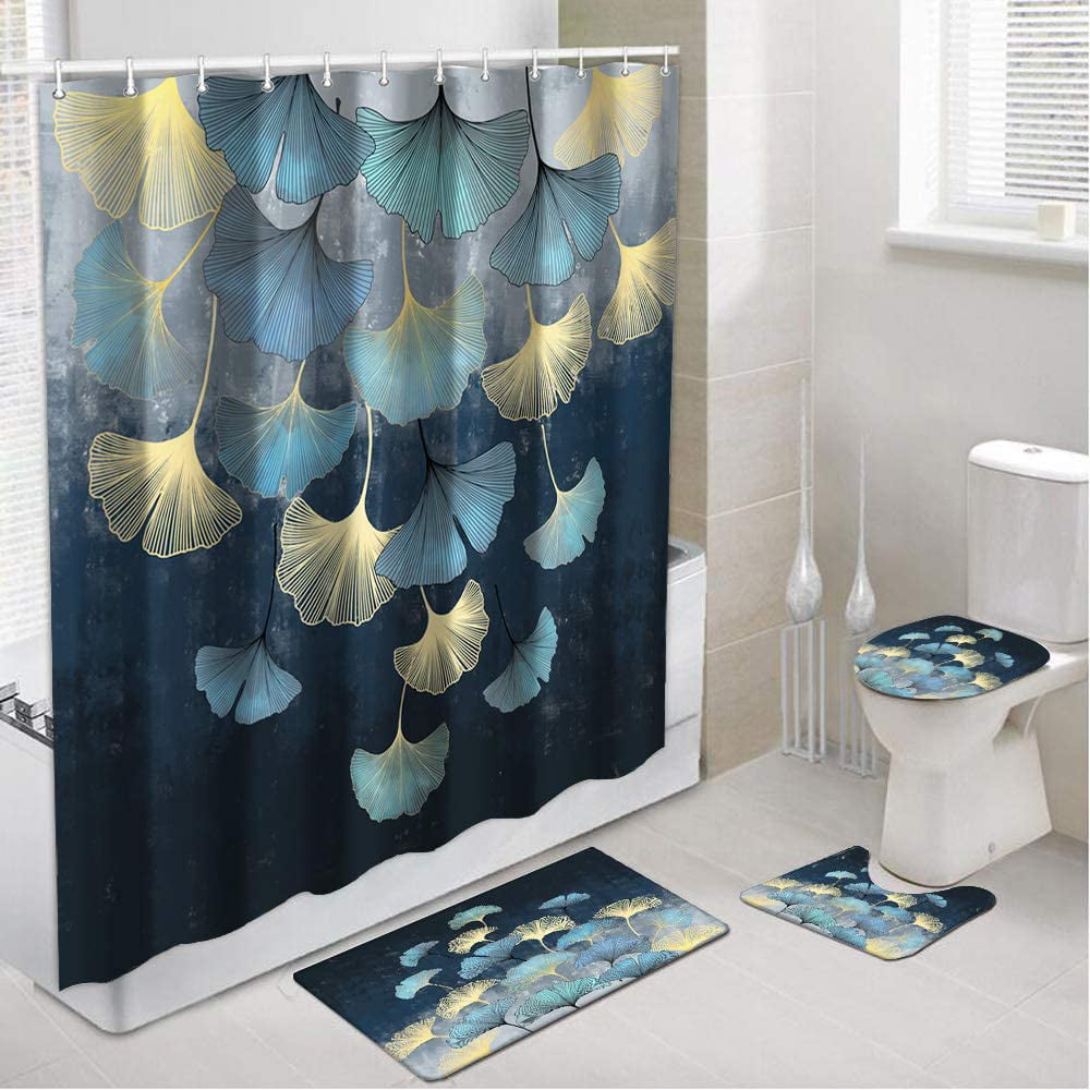 Natural Leaf Bathroom Shower Curtain Non-Slip Carpet Set Toilet Cover Mat 