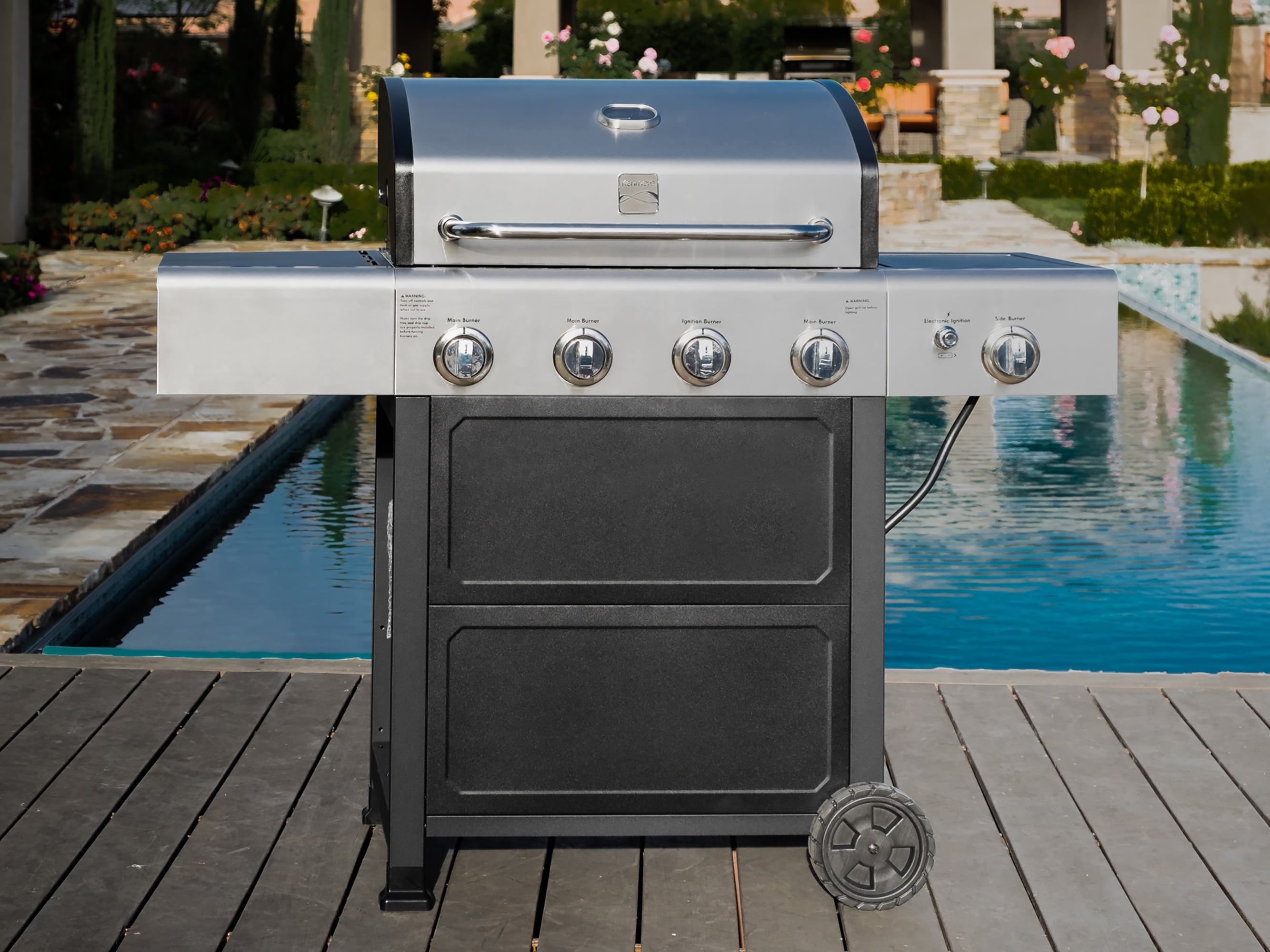 Kenmore 4-Burner Outdoor Propane Gas Grill with Side Burner, Open Cart, Stainless Steel/Black