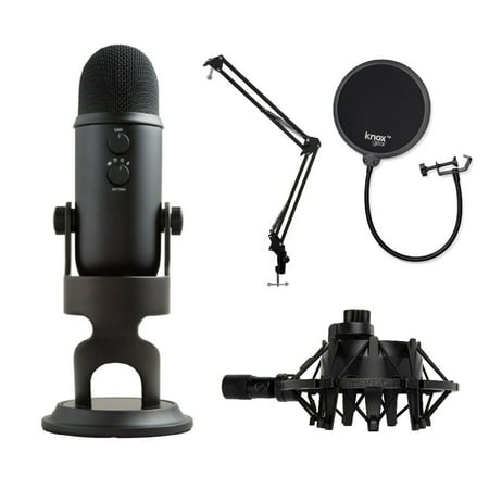 Blue Yeti Microphone (Blackout) with Boom Arm Stand, Pop Filter and Shock