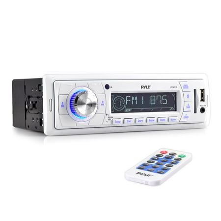 High Performance Digital Stereo PYLE PLMR18 - Stereo Marine Headunit Receiver - 12v Single DIN Style Digital Boat In dash Radio System with MP3, USB, SD, AUX, RCA, AM FM Radio - Remote Control, Power Wiring Harness - (White) ()