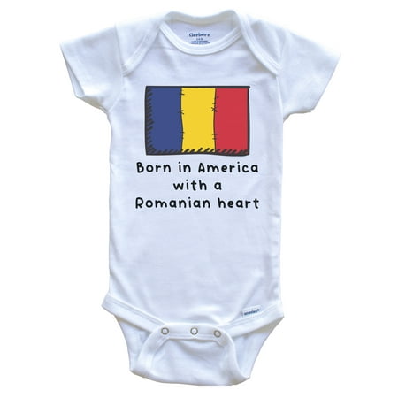 

Born In America With A Romanian Heart Cute Romania Flag Baby Bodysuit 6-9 Months White