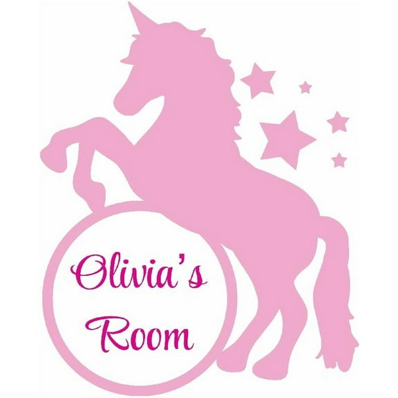 Personalized Name Vinyl Decal Sticker Childrens Girls Bedroom Unicorn Pony Stars  12" x 12"