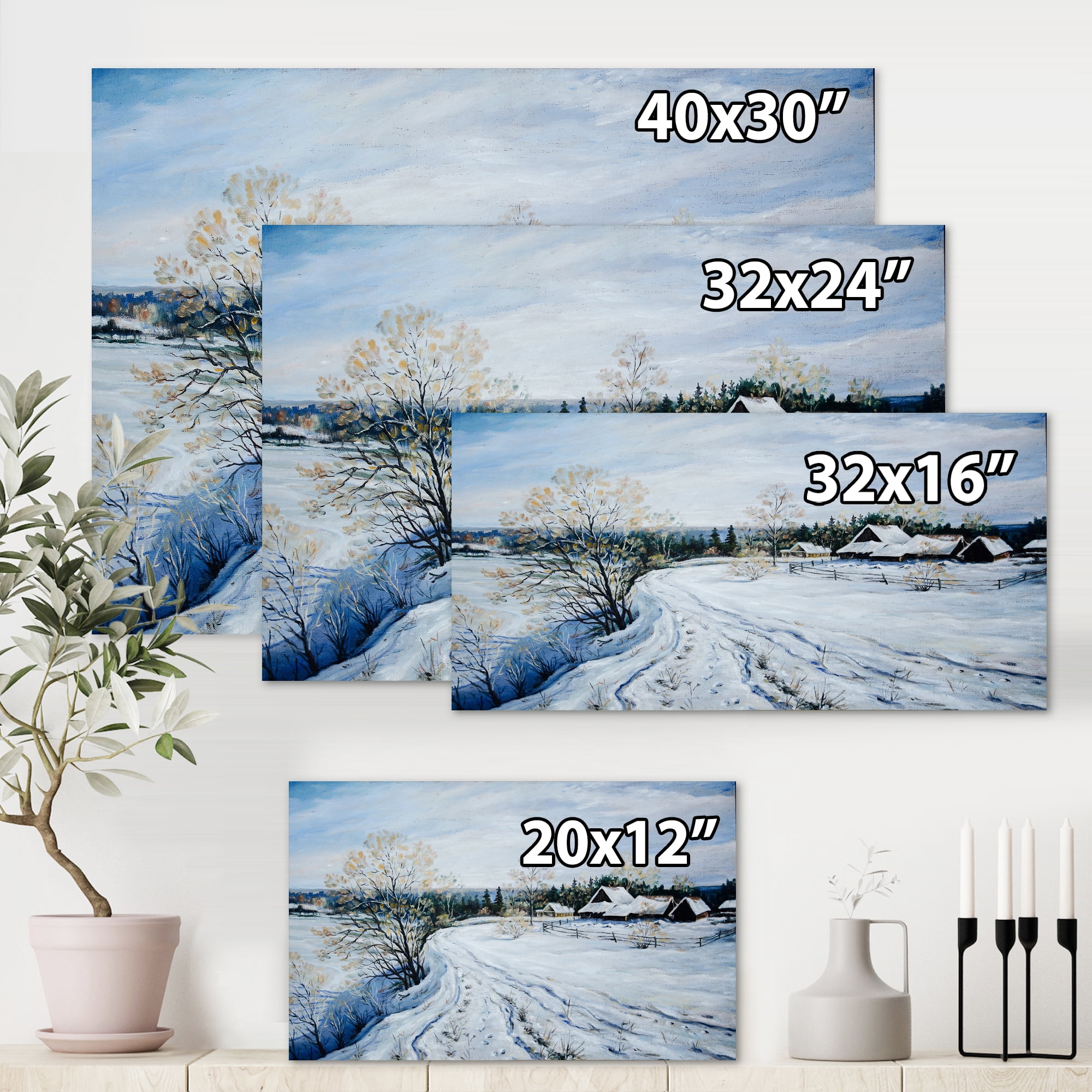 Country Road In Winter Times Landscape II 32 in x 16 in Painting Canvas Art Print, by Designart