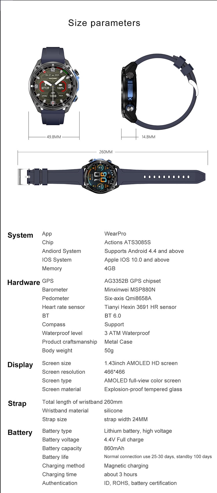 Laatikui DTG1 Smart Watch GPS Compass Fitness Tracker 3ATM Waterproof Mobile Smart Watch