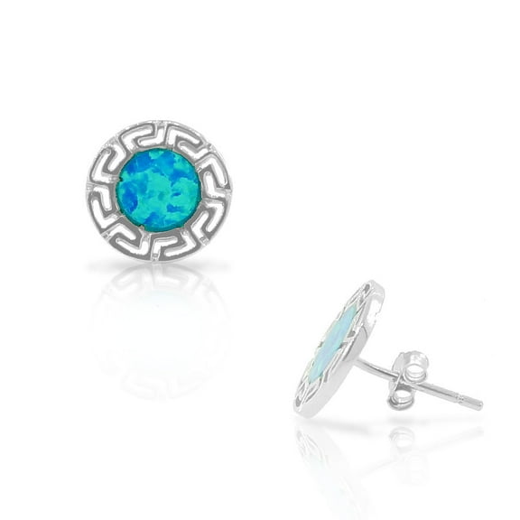 925 Sterling Silver Blue Turquoise-Tone Simulated Opal Round Greek Key Stud Earrings
