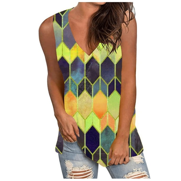Blusa sin mangas con cuello en V y estampado informal de moda suelta para mujer Pompotops lopia996822