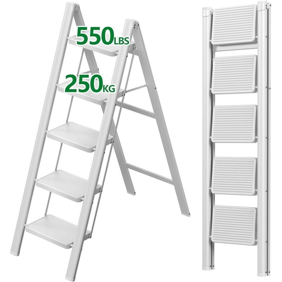 5 Step Ladder, Carbon Steel Ladder with Anti-Slip Pedal, Lightweight Step Stool Foldable, Stepping Stool ladders for Home, Kitchen, and Office, Load 550 lbs, White