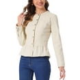 thumbnail image 4 of CHAQUETA DE JEANS PARA MUJER INSPIRADA CHIC, CON BOTONES, HEM PEPLUM, MANGAS LARGAS, CORTA, COLOR BLANCO OSTRA, TAMAÑO XS, 4 of 5
