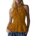 thumbnail image 4 of Craaazy Boho Tops for Women Sleeveless Halter Neck Solid Color Ruffle Trim Button Down Shirts for Everyday, 4 of 7