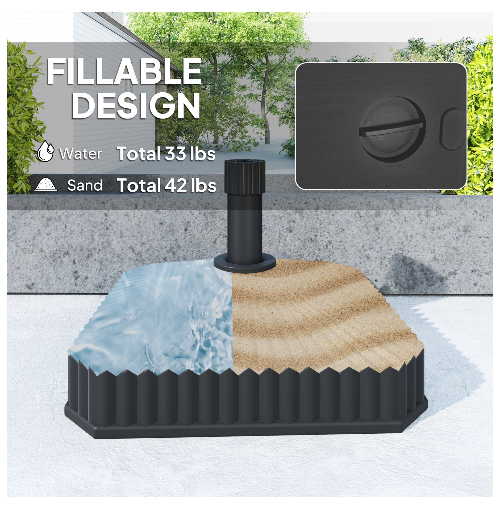 Square Patio Umbrella Base Holder, Heavy Duty Outdoor Umbrella Stand Base, Filled Up to 42lbs with Sand or 33lbs with Water for Garden, Poolside, Black