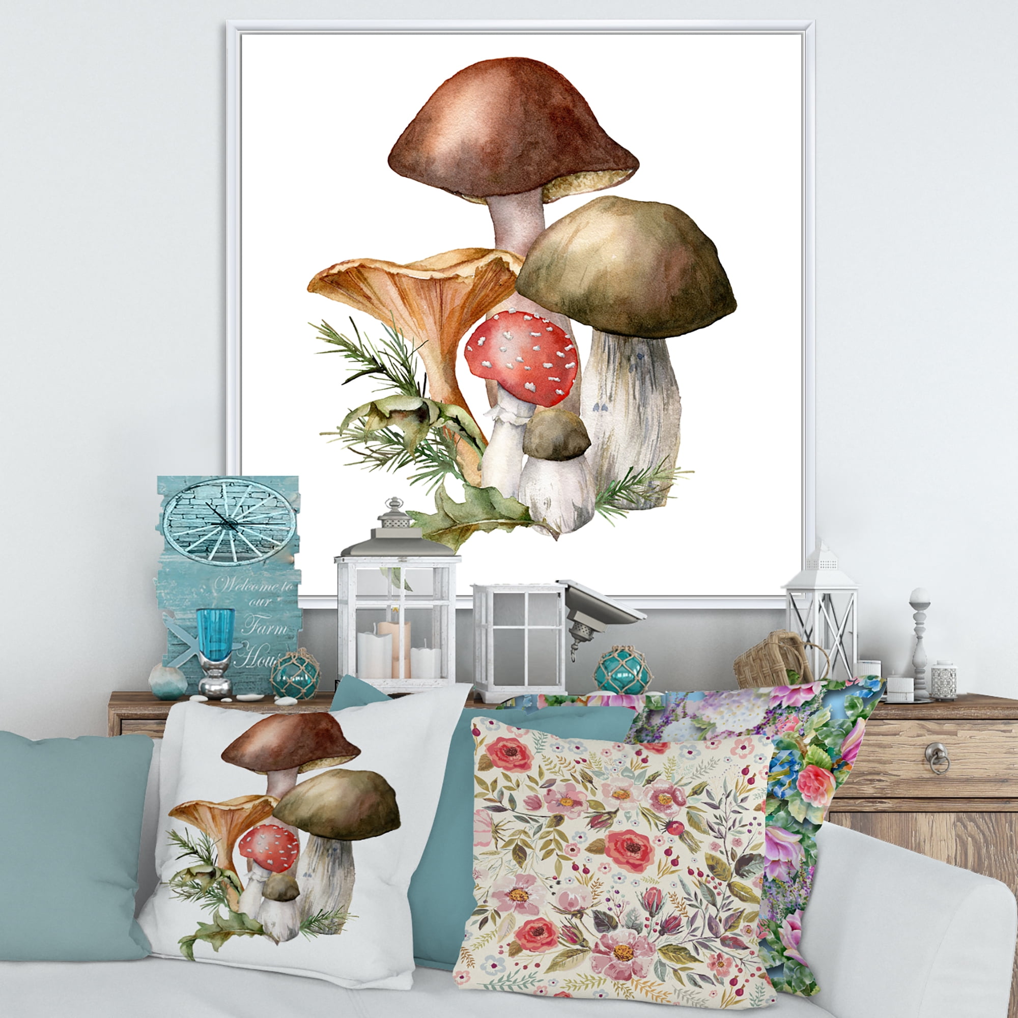 Autumn Composition With Mushrooms 16 in x 16 in Framed Painting Canvas Art Print, by Designart