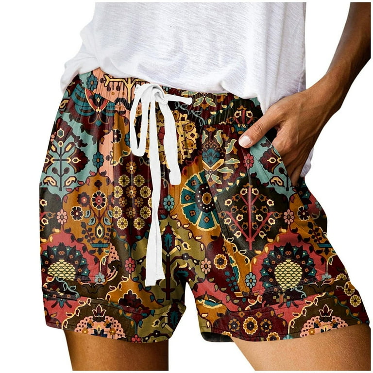 Women Drawstring Shorts Floral Print Ruffle Hem Gym Shorts Women Pocketed  Pants