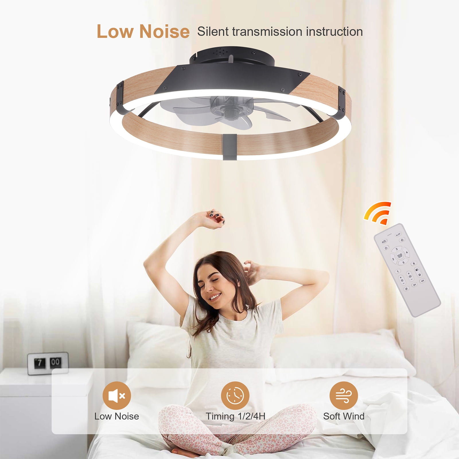 Garwarm 20" Modern Ceiling Fan with Lights and Remote, Dimmable LED Flush Mount Fandelier, Low Profile Ceiling Fan, 6-Speed Reversible Black Wood Fan for Bedroom, Living Room