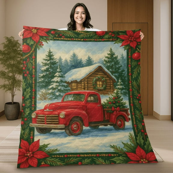 Christmas Red Truck Quilt Blanket – Cozy Cabin Winter Scene Blanket with Holiday Poinsettia Border – Merry Xmas, Seasonal Home Decor Gift Quilt