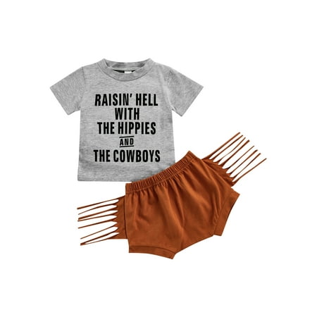 

TheFound 2pcs Toddler Baby Boys Girls Clothes Letter Short Sleeve T Shirts+Solid Tassel Shorts Sets