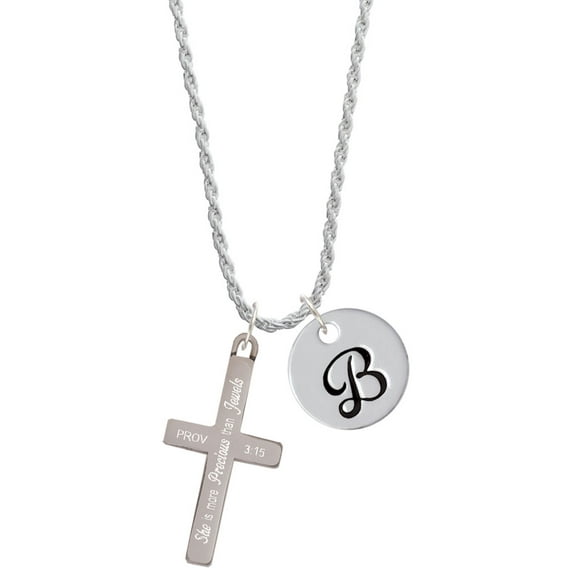 Delight Jewelry Stainless Steel Proverbs 3:15 - She is Precious Engraved Cross - Silvertone Script Initial Disc - B - Charm Necklace, 20"+3"