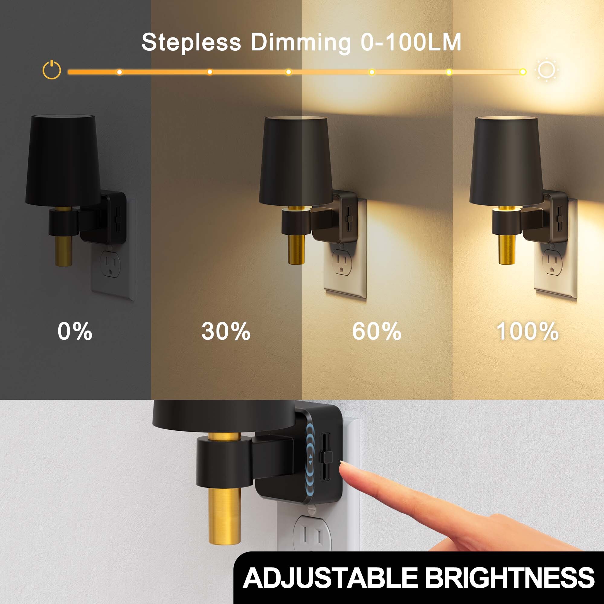 YANSUN 1W Vintage Plug-in Night Light with Black Shade, Dimmable 3000K Auto On/Off Dusk-to-Dawn Sensor for Bedroom, Hallway, Stairway