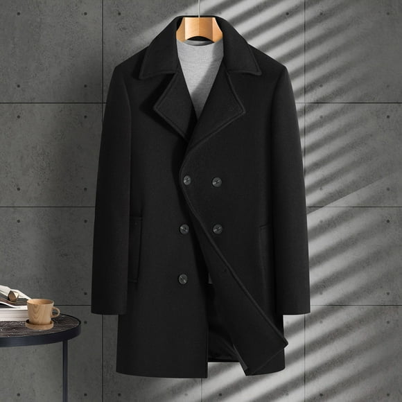 NTACZA Notched Lapel Winter Men Jackets Black Wool Trench Coat Double-Breasted Mid-Length Peacoat Mens Coats Winter,M