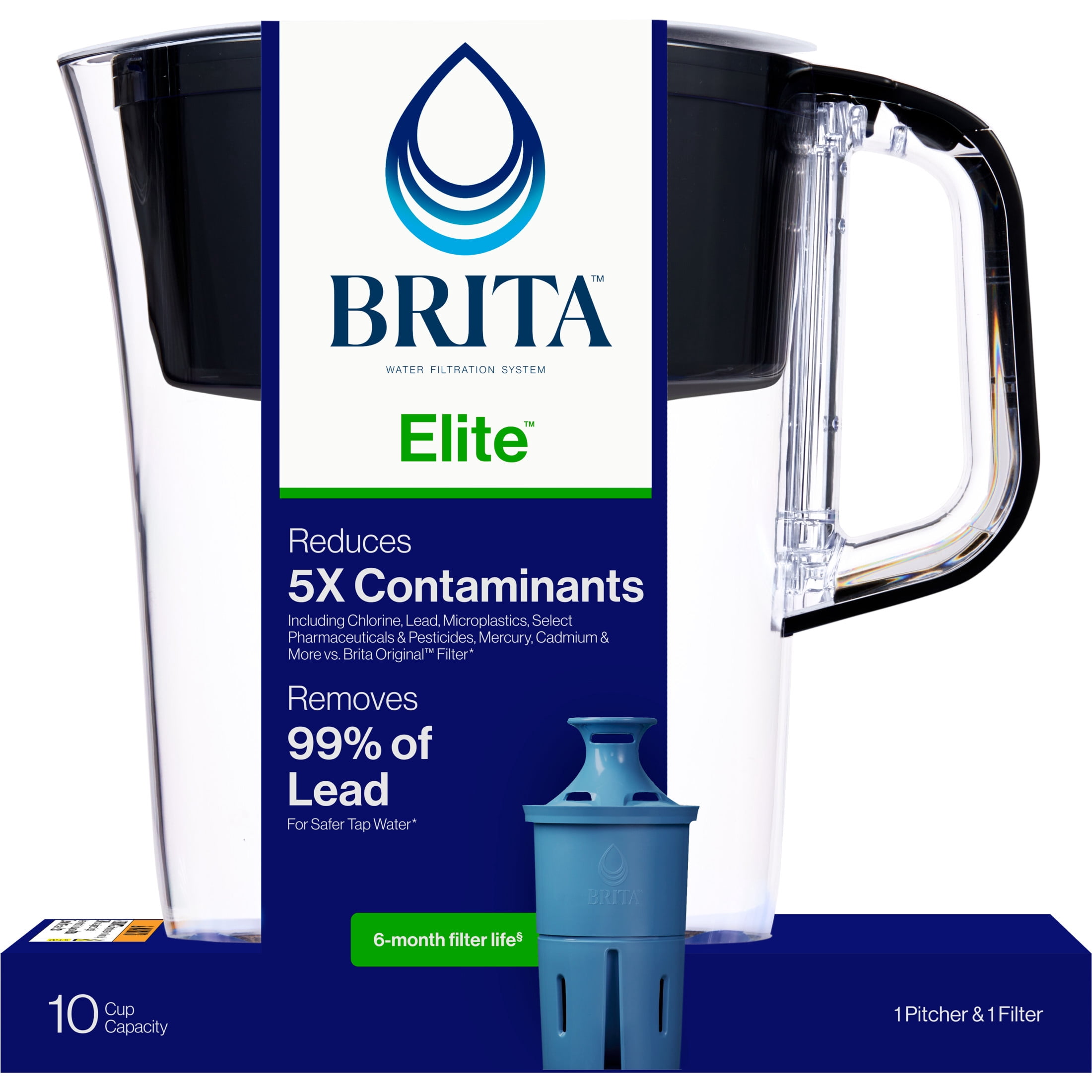 Brita 10 Cup Large Plastic Water Filter Pitcher, Black, BPA Free with 1 Elite Brita Filter