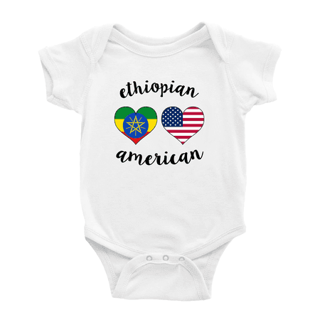 

Ethiopian American Flag Two Hearts Baby Romper Bodysuit (White 12-18 Months)