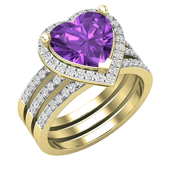 Dazzlingrock Collection 9mm Heart Shaped Center Amethyst with Round White Diamond Halo Style Engagement Ring Set for Women (0.63 ctw, Color I-J, Color I2-I3) in 10K Yellow Gold, Size 8