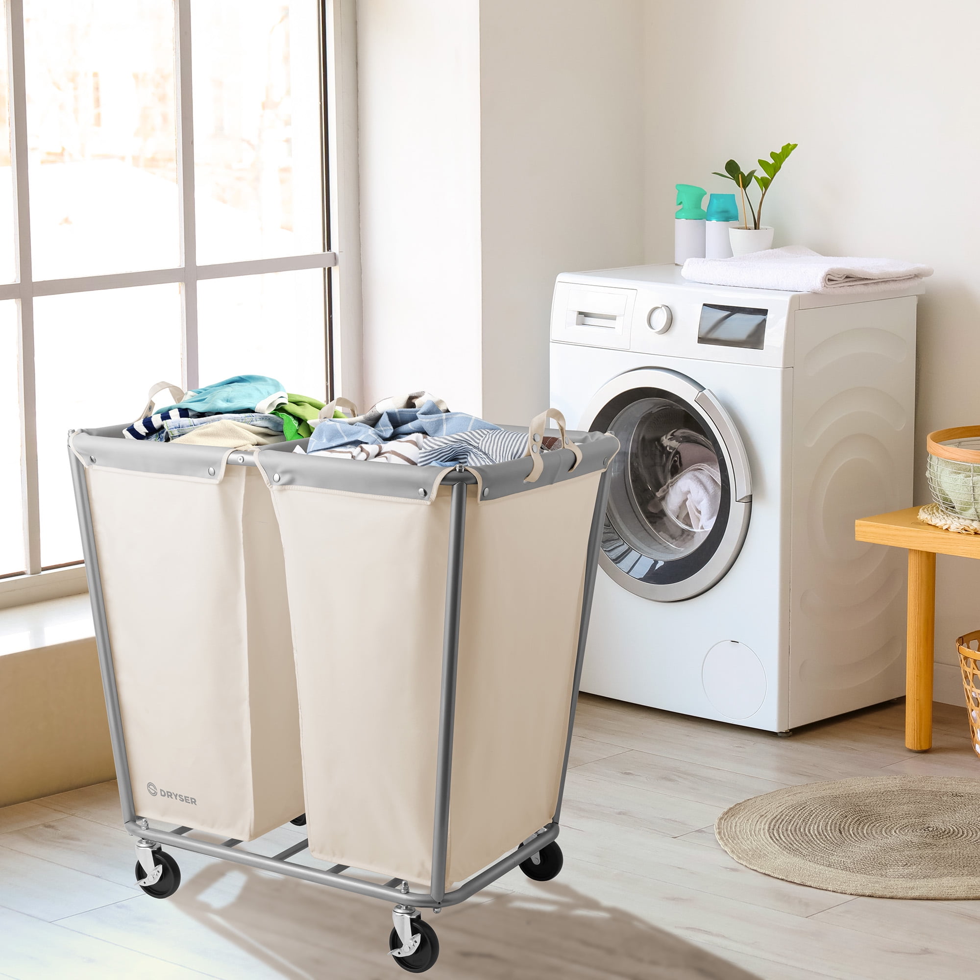Dryser 2 Section Commercial Rolling Laundry Hamper on Wheels with Removable Canvas Bins - White