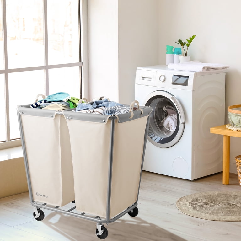 Hzuaneri Rolling Laundry Hamper - 2 Section, Beige, Wheeled With Ventilated Design