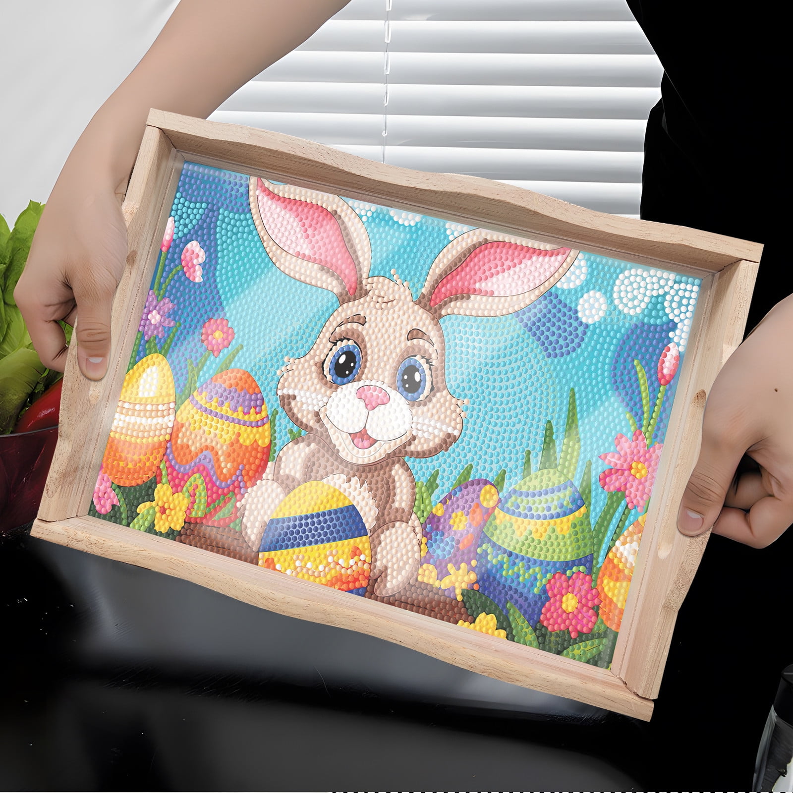 FLOPESN Easter Bunny DIY Diamond Art PaintingTray, Creative Design Handmade Wooden Dinner Plate For Kitchen、Coffee Shop