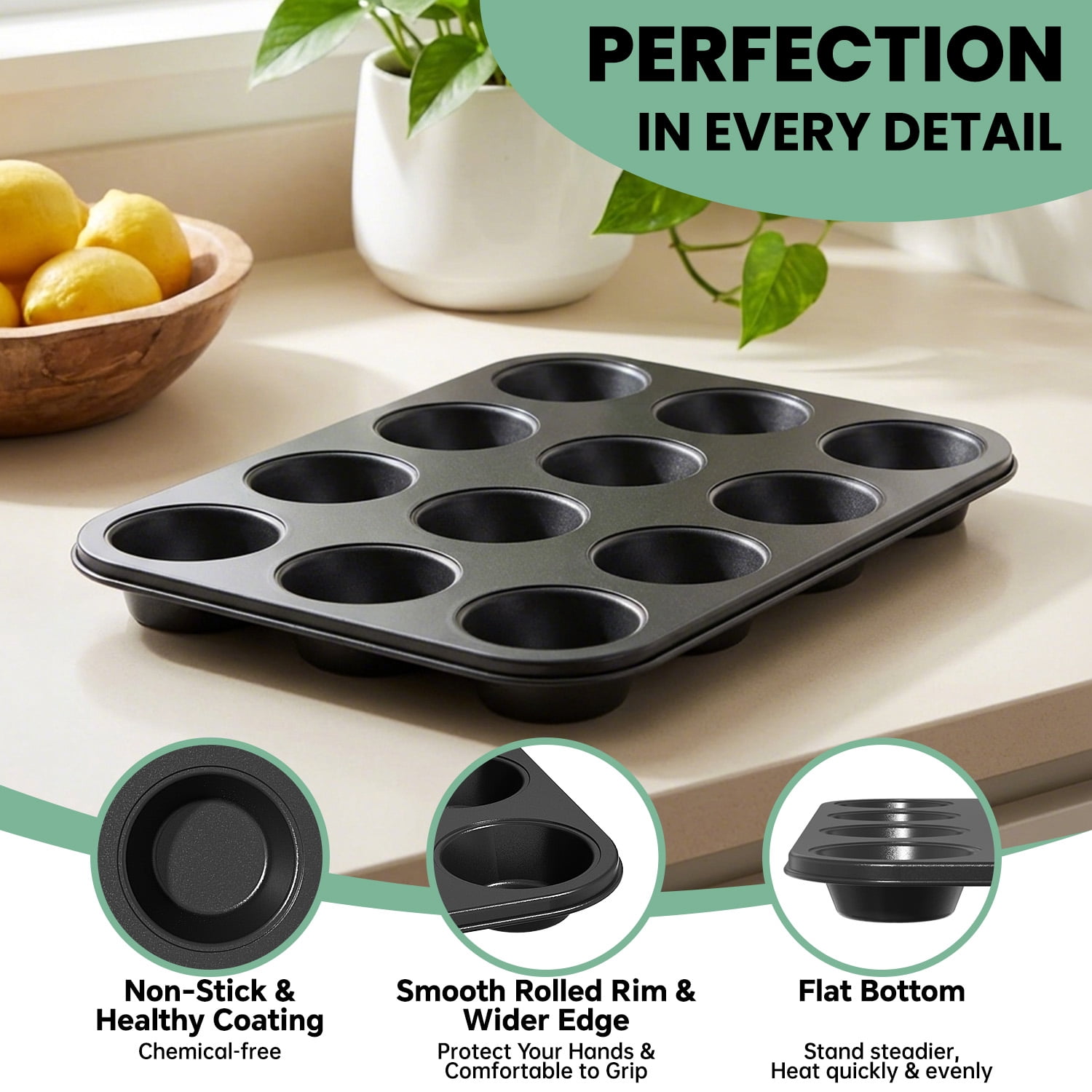 GPED 2 Pack Muffin Pan for Baking, 12-Cup Nonstick Cupcake Pan, 14.2" x 11" x 1.5" with 2.56" Cups, for Muffins, Cupcakes, Brownies, Cheesecake, Carbon Steel, Easy Clean, Oven Safe