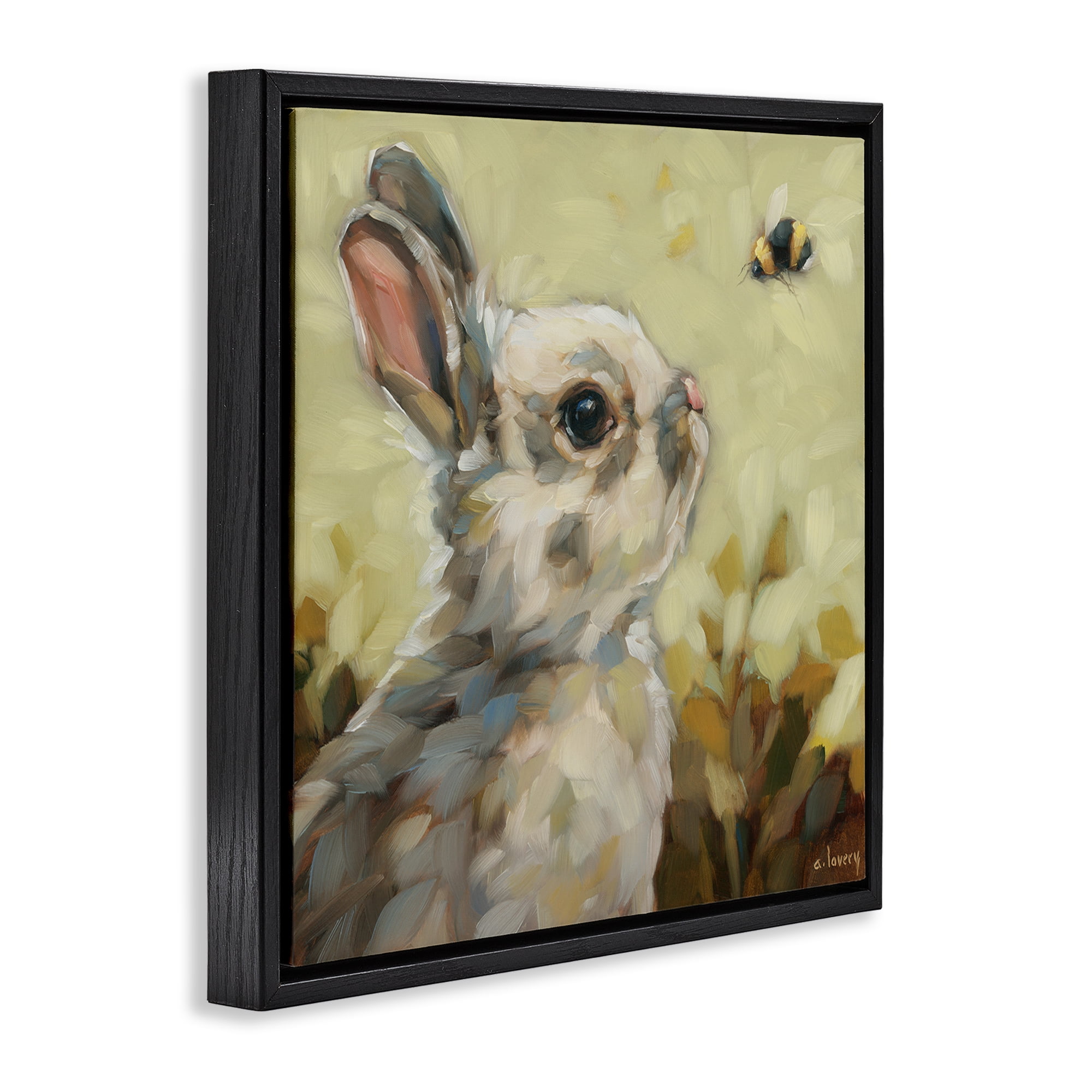 Stupell Industries Bunny Eyeing Bumble Bee Animals Painting Black Floater Framed Canvas Art Print Wall Art, 18 x 18